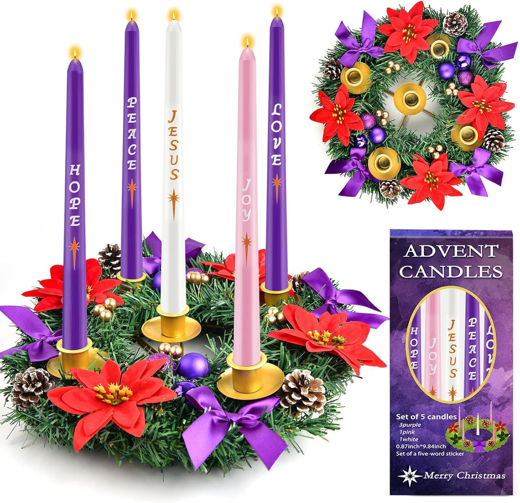 Skiennix 12-Inch Christmas Advent Wreath - 5 Candle Holder Set with Fire Retardant Metal Cups