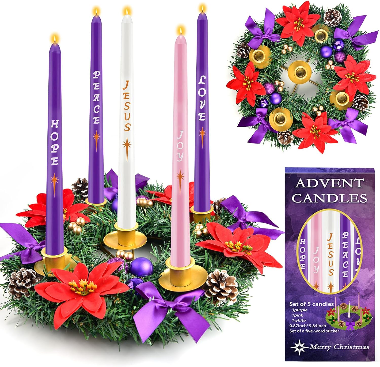 Skiennix 12-Inch Christmas Advent Wreath - 5 Candle Holder Set with Fire Retardant Metal Cups