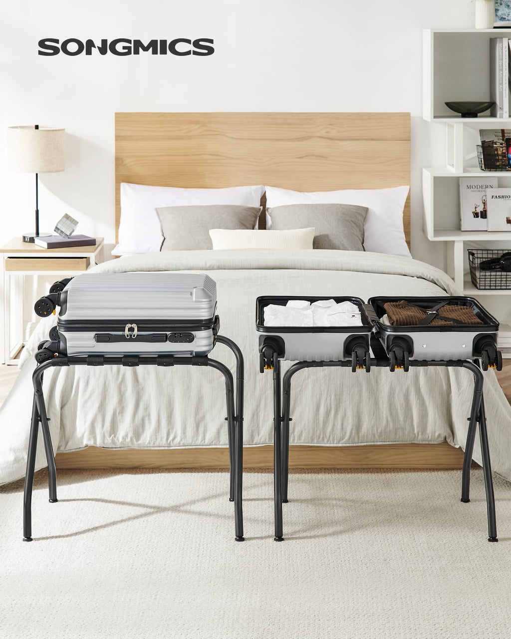 SONGMICS Luggage Rack, Pack of 2, Luggage Racks for Guest Room, Suitcase Stand, Steel Frame, Foldable, for Bedroom, Black URLR64B-2
