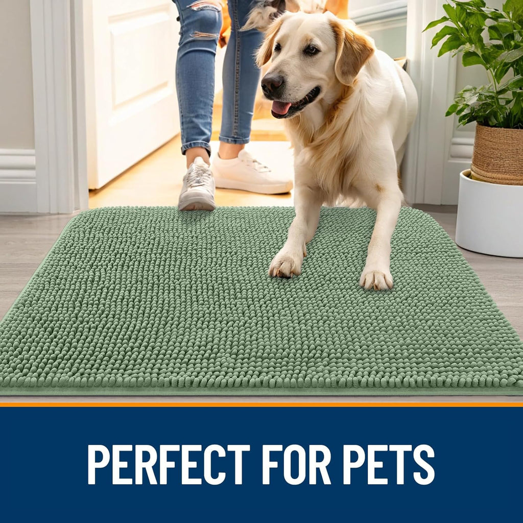 OLANLY Dog Door Mat - Absorbent Non-Slip Muddy Paws Mat | Quick Dry Chenille, 34x21, Olive Green