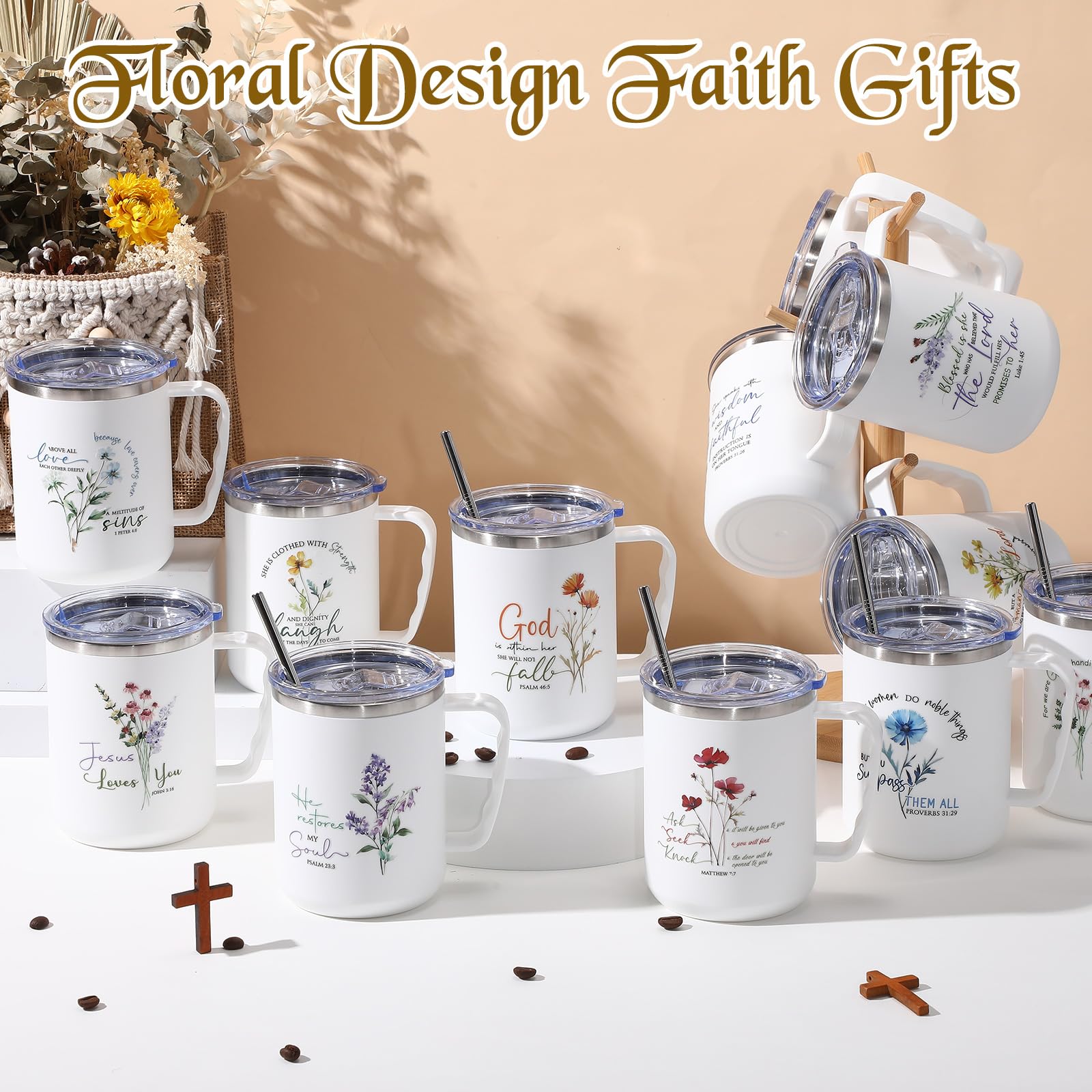 Nitial 12 Pcs 17 oz Christian Coffee Mugs with Lid and Straw Religious Bible Verse Christian Gifts Insulated Inspirational Bible Affirmations Tumbler for Women Friend Men (White,Flower)