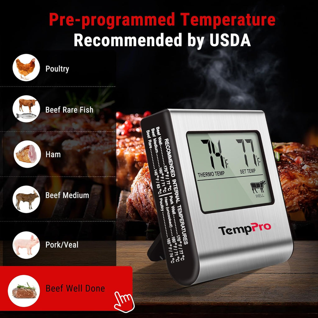 TempPro TP16 Digital Cooking Thermometer - Large LCD Display & Stainless Steel Probe for BBQ, Oven, Smoker