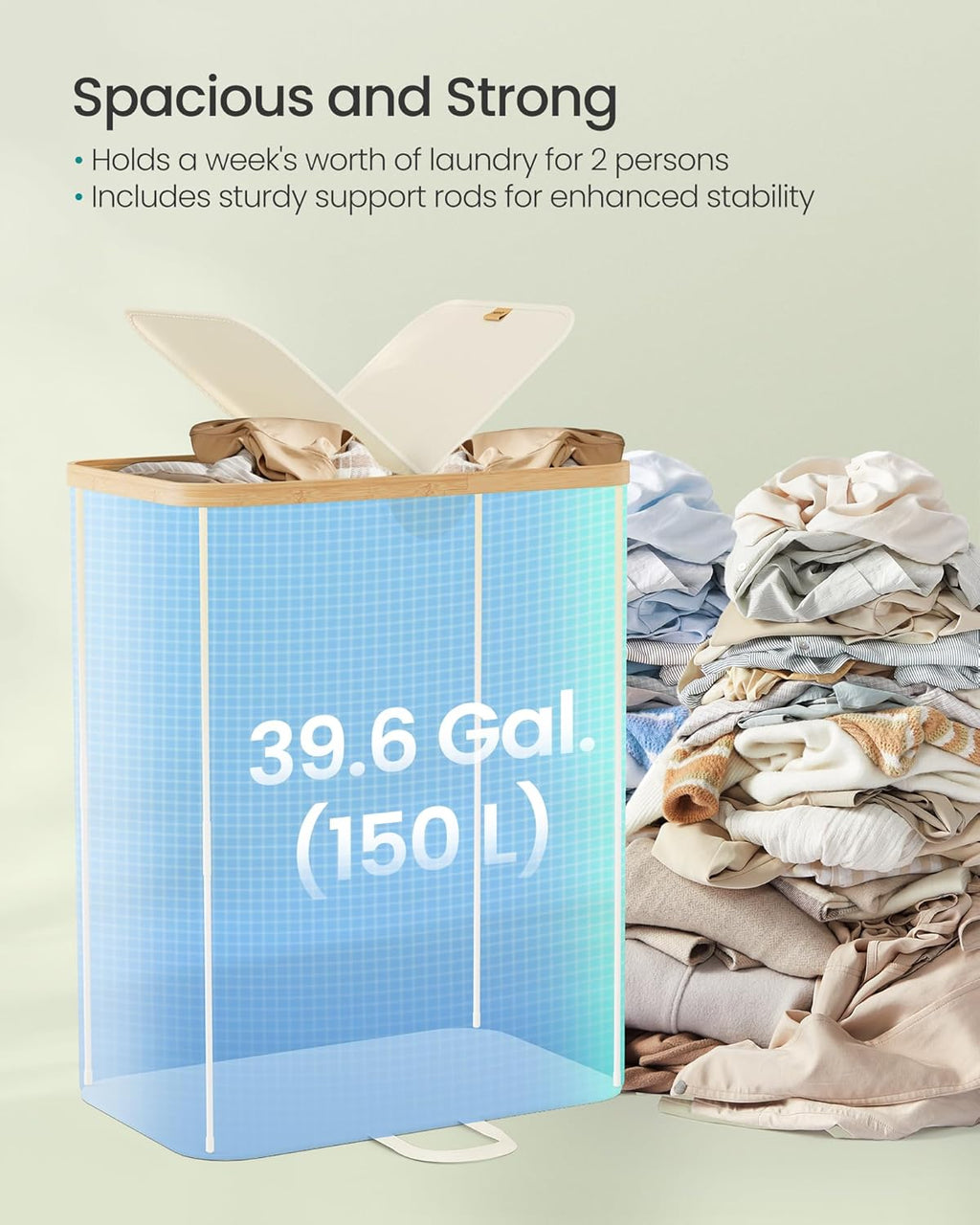 SONGMICS Laundry Hamper - 39 Gal. Dual Compartment Basket with Removable Liner Bag - Cream White & Light Bamboo