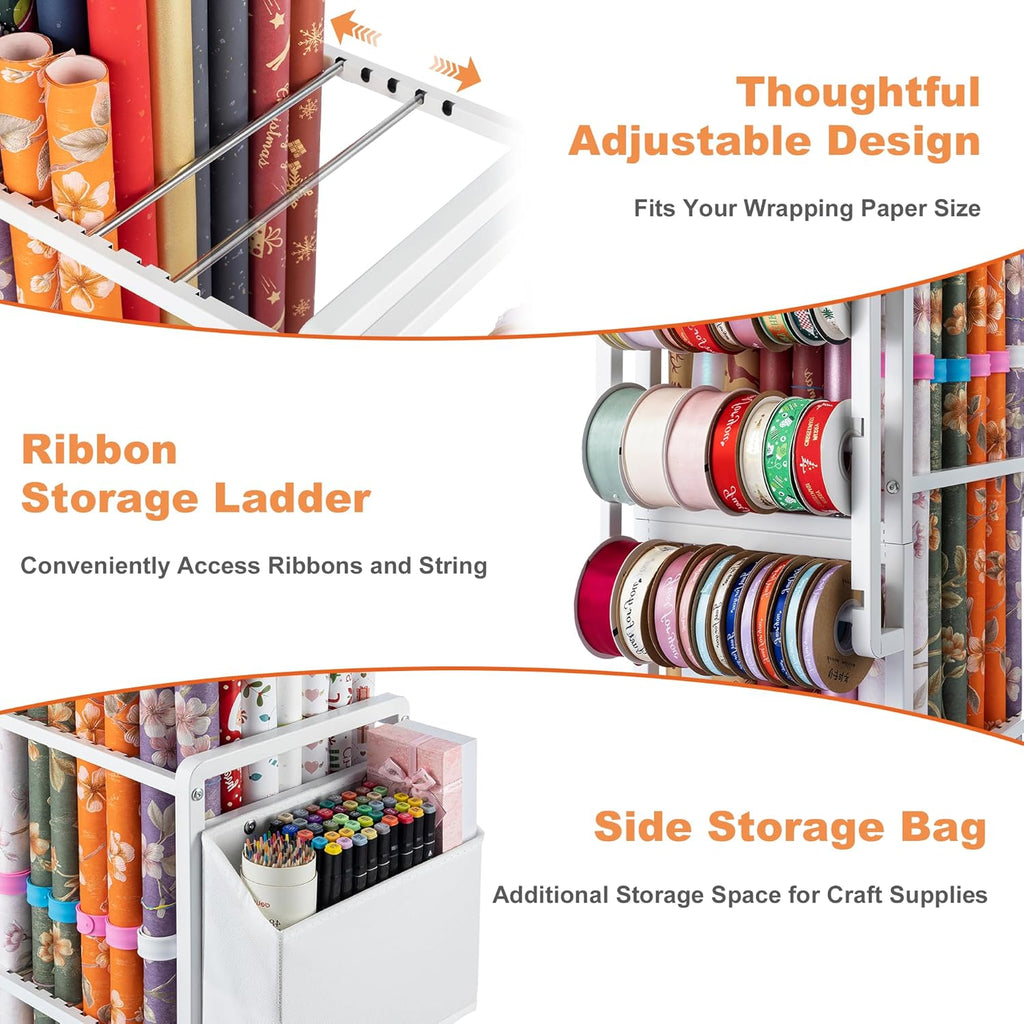 Aquzee Gift Wrapping Paper Organizer - Vertical Storage Cart with Adjustable Rod & Ribbon Holders | 12 PCS Slap Bracelets, White