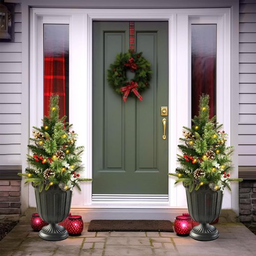 Pre-Lit Pathway Christmas Tree(2 Pack), Artificial Christmas Urn Filler with LED Lights, Golden & Red Berries, Pine Cones, Outdoor Light Up Planter Filler Holiday Home Decor