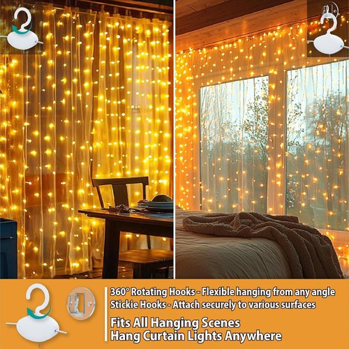 HXWEIYE 300LED Fairy Curtain Lights - 9.8x9.8Ft USB Plug-In with 8 Modes | Warm White Indoor Decor - 2 Pack