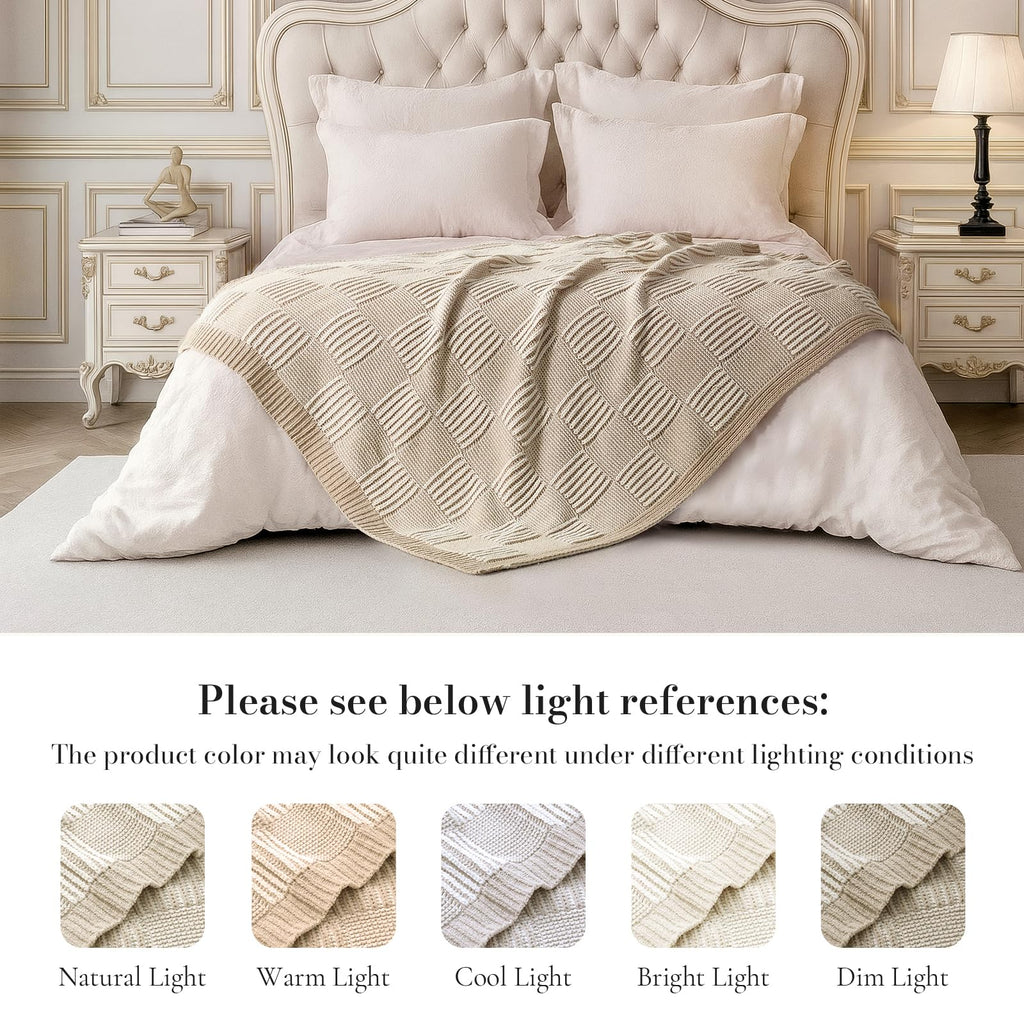 Amélie Home Knit Throw Blanket, Soft Chenille Cozy Breathable Dual Tone Checkered Chunky Decorative Blanket for Couch, Bed & Sofa, French-Inspired Lightweight Warm Gift for Women, Beige, 50"x60"