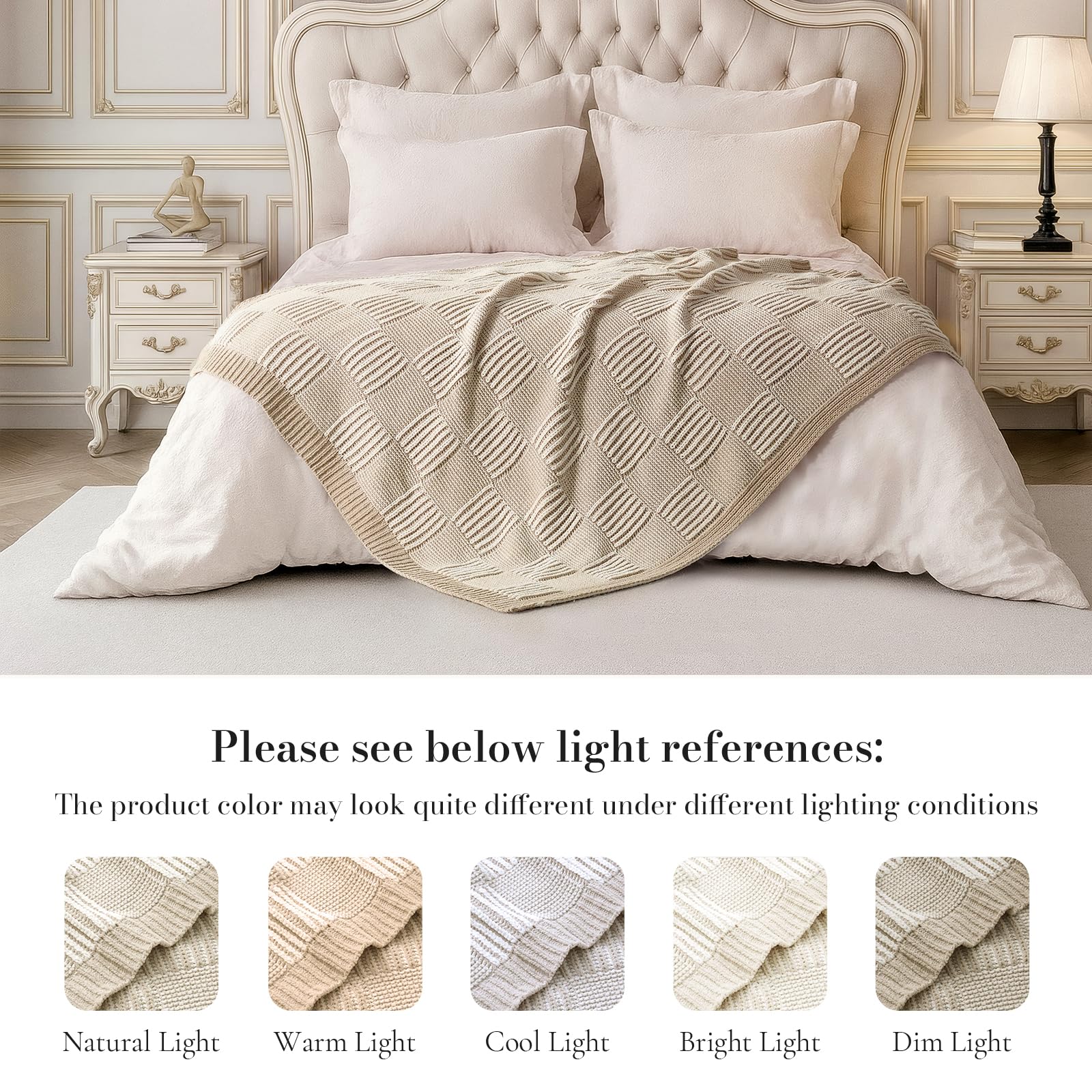 Amélie Home Knit Throw Blanket, Soft Chenille Cozy Breathable Dual Tone Checkered Chunky Decorative Blanket for Couch, Bed & Sofa, French-Inspired Lightweight Warm Gift for Women, Beige, 50"x60"