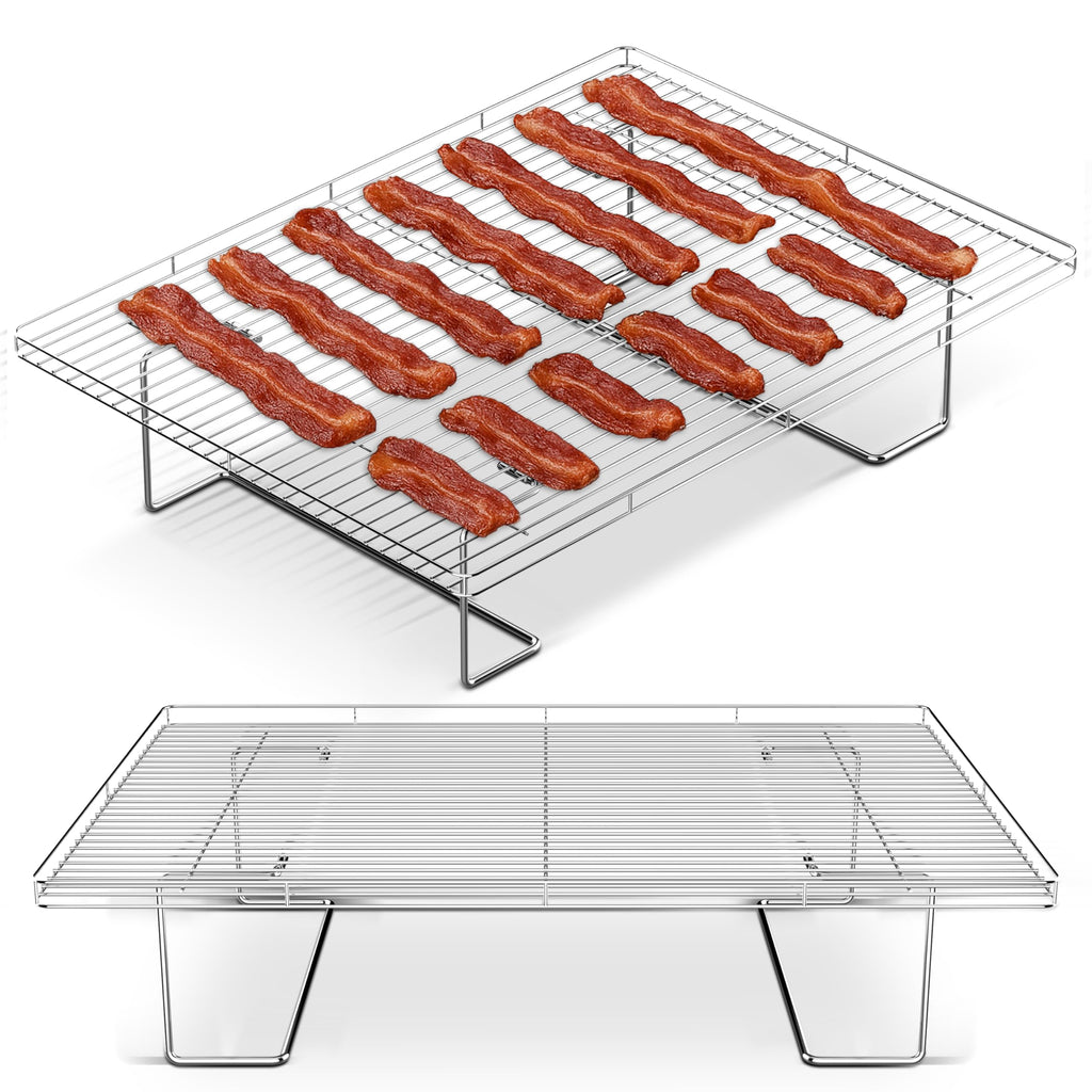 Flip-Free Crispmaster 1st Ever 4-Inch Elevated Roasting, Baking, and BBQ Rack for 360° Heat Stainless Steel Wings, Fries, Chicken, Veggies, Turkey for Oven, Grill, or Smoker 17” x 13”