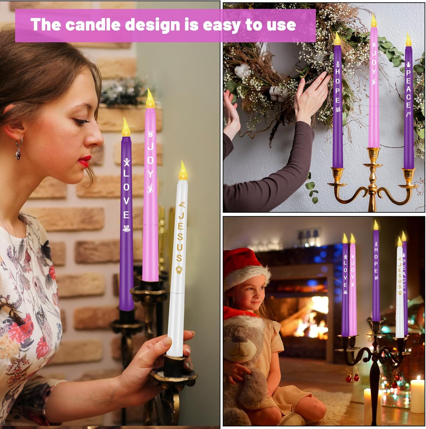 RGQSUN Flameless Advent Candles Set of 5 | Battery Operated Flickering Taper Candles for Christmas Decor