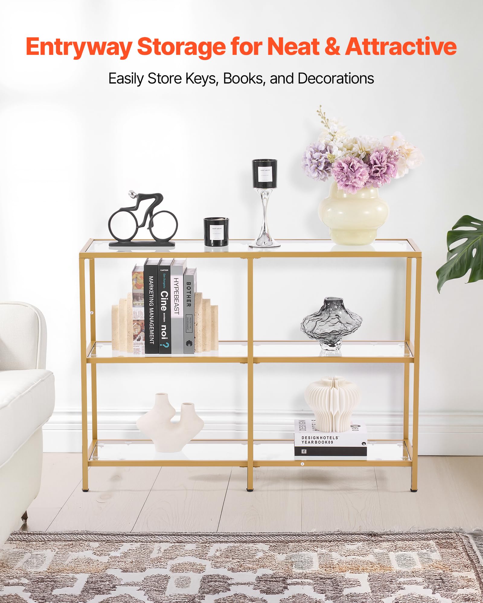 VEVOR Glass Console Table, 39.4 Inch Entryway Table, Modern Rectangle Sofa Table with Tempered Glass Top and Iron Legs, Golden Consloe Desk for Living Room, Hallway, Entryway