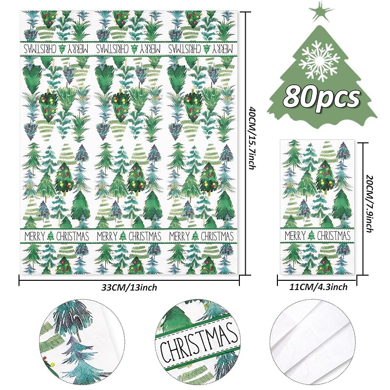 Green Christmas Tree Napkins 80 Pcs 4.3x7.8in Folded 13x15.7in Unfolded - 3-Ply Guest Paper Party Napkins