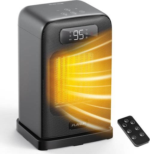 FLANUR 1500W Space Heater - Compact Desk Heater with Remote, Thermostat & 12H Timer | Oscillating Black Design for Home & Office