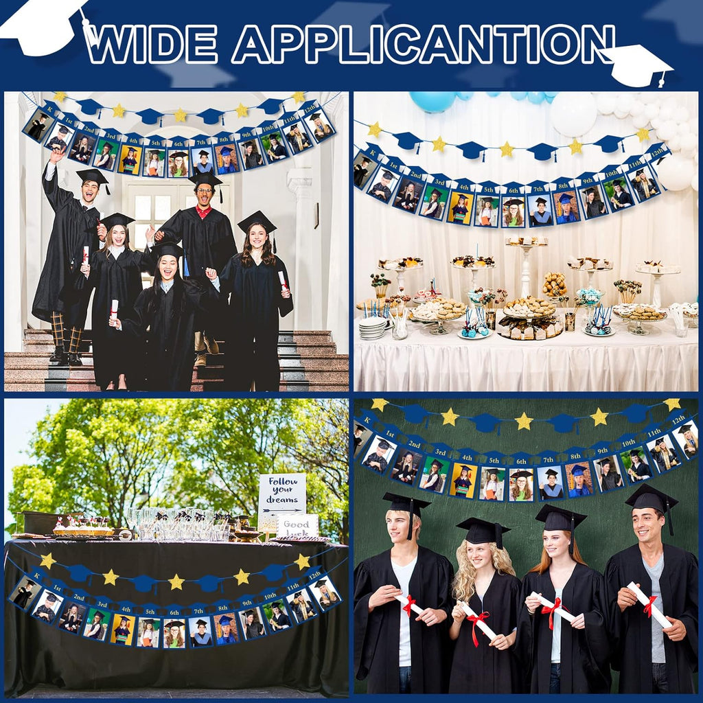 Whaline Graduation Photo Banner - Congrats Grad Bunting with Blue Gold Glitter | 5 x 7 Inch, No DIY Required