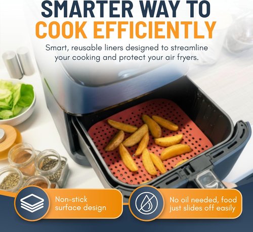 Linda’s Essentials Reusable Square Silicone Air Fryer Liners - Non-Stick, Easy-Clean 8.5 Inch (3 Pack) with Cheat Sheet & Recipe Book