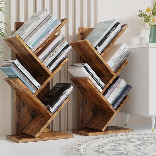 YMYNY Tree Bookshelf, 4-Tier Book Storage Organizer Shelves,Rustic Brown, HBC014H