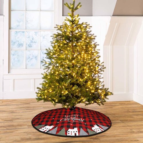 Juegoal 32-Inch Christmas Tree Skirt - Soft Red and Black Plaid Xmas Tree Mat for Holiday Decor