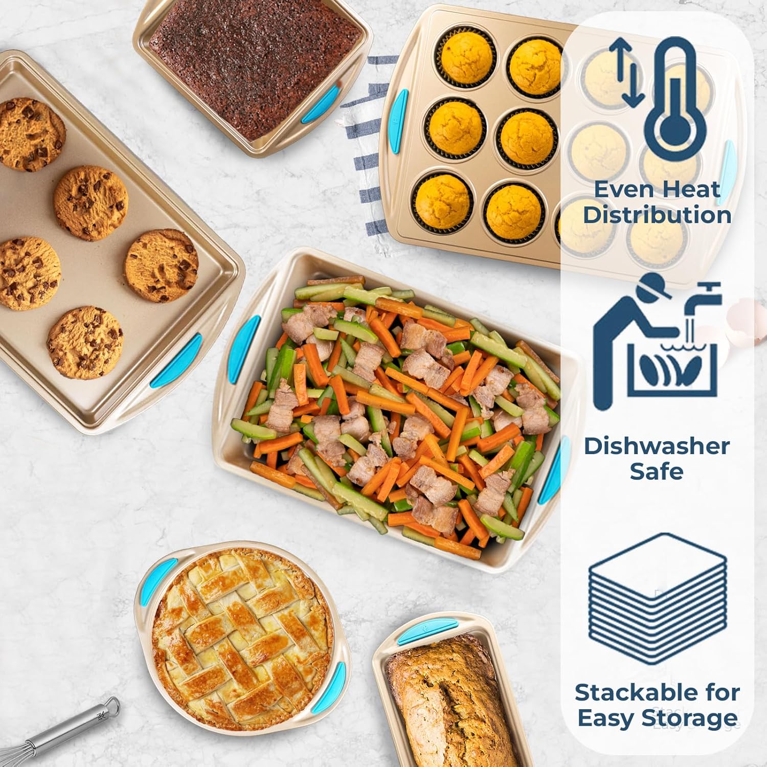 Perlli Nonstick Baking Kit - 6-Piece Gold Steel Oven Set with Silicone Handles | Round, Loaf, Square Pans & More