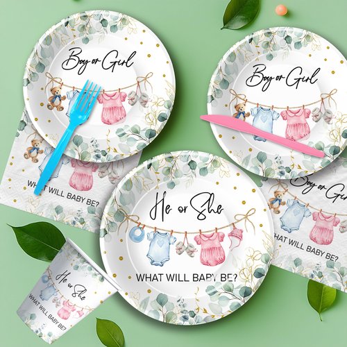 APOWBLS Gender Reveal Decorations, Greenery Baby Clothes Theme Boy or Girl Gender Reveal Baby Shower Party Supplies, He or She Paper Plates and Napkins Set, Cups, Disposable Cutlery, Serves 24