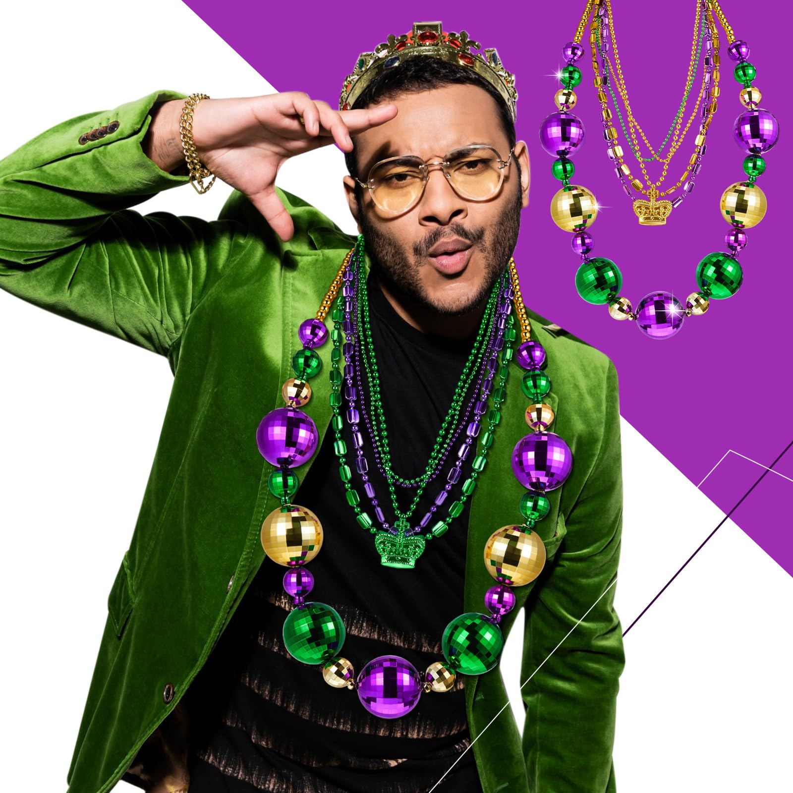 Henoyso 2 Set 50" Jumbo Mardi Gras Beads Necklaces Lighted/unlighted Assorted Costume Necklace Metallic Necklace Party Mardi Gras Decoration for Festival Parades Celebrations Carnival(Luxurious)