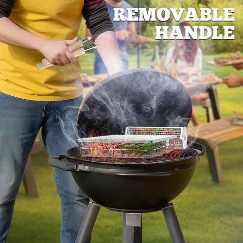 Ivtivfu Grill Basket Set - 304 Stainless Steel BBQ Tools with Removable Wooden Handle | Perfect for Vegetables & Fish