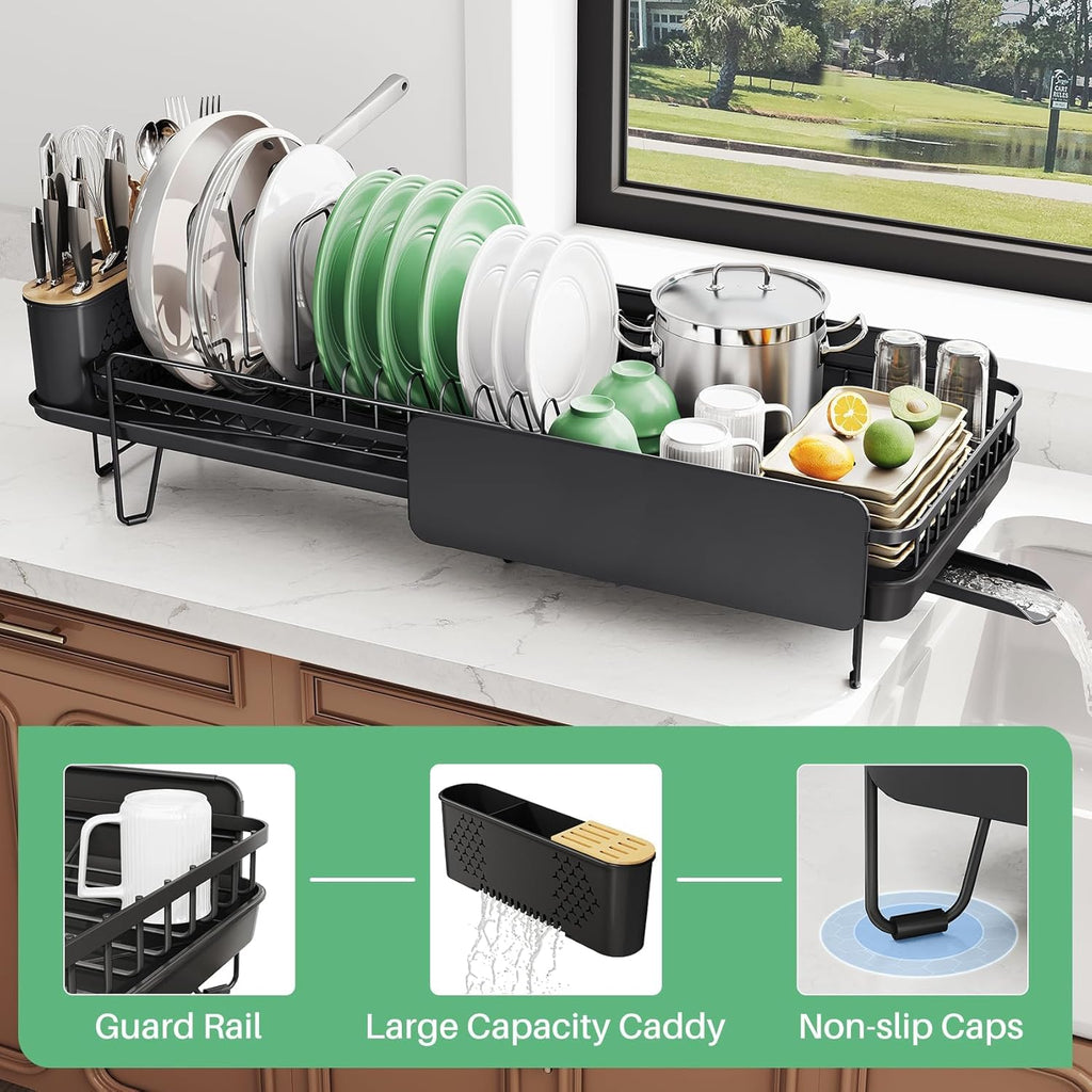 SNTD Large Dish Drying Rack - Expandable Stainless Steel Kitchen Dish Drainer | 19.3" to 29.4" with Utensil Holder & Pan Lid Holder (Black)