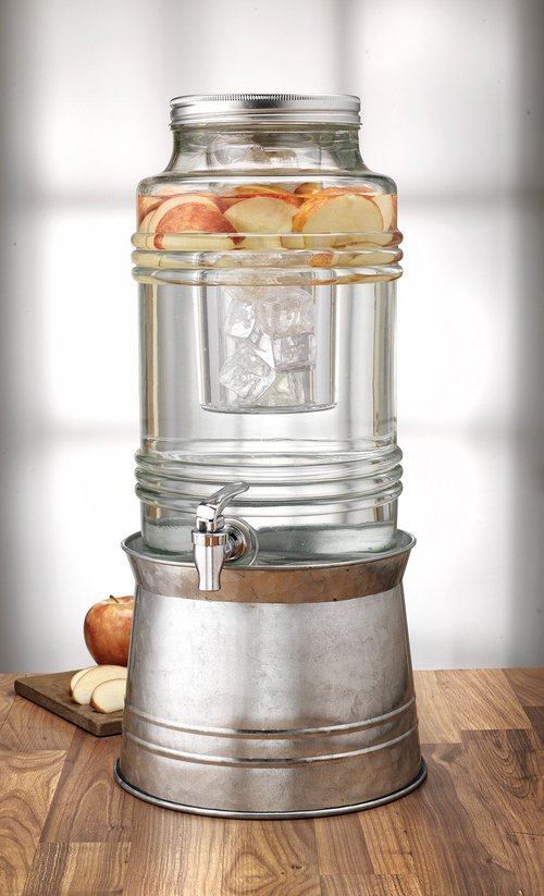 Circleware Breeze Glass Beverage Drink Dispenser with Stand Metal Base which Transforms to Metal Ice Bucket and Metal Lid + Fruit Infuser + Chrome Finished Spigot, HUGE 2.3 Gallons