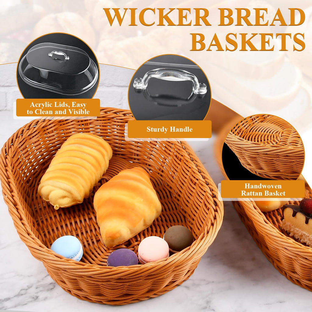 Milkary 2 Pack Wicker Bread Basket with Acrylic Lid, Imitation Rattan Bread Basket, Oval Woven Fruit Basket with Cover for Food Vegetables Display (13.78x9.84x5.91 In)