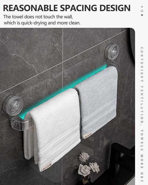 NEELEEN Suction Cup Towel bar - 21 Inch Removable No Drill Suction Towel Bar with Strong Suction & Reusable Adhesive Suction Towel Rack for Shower Bathroom Kitchen - Clear