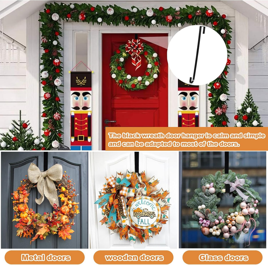 PECULA Wreath Hangers - 2 Pack 14" Metal Door Hooks | 40lb Load-Bearing for Decorations (Black)