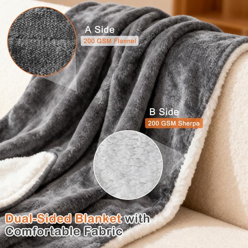 Sweetcrispy Heated Blanket Twin Size, 62''x84'' Heating Electric Blanket with 10 Heat Levels and Auto-Off, Washable Dual-Sided Flannel & Sherpa Fabric Electric Blanket Warmer ETL Certificated