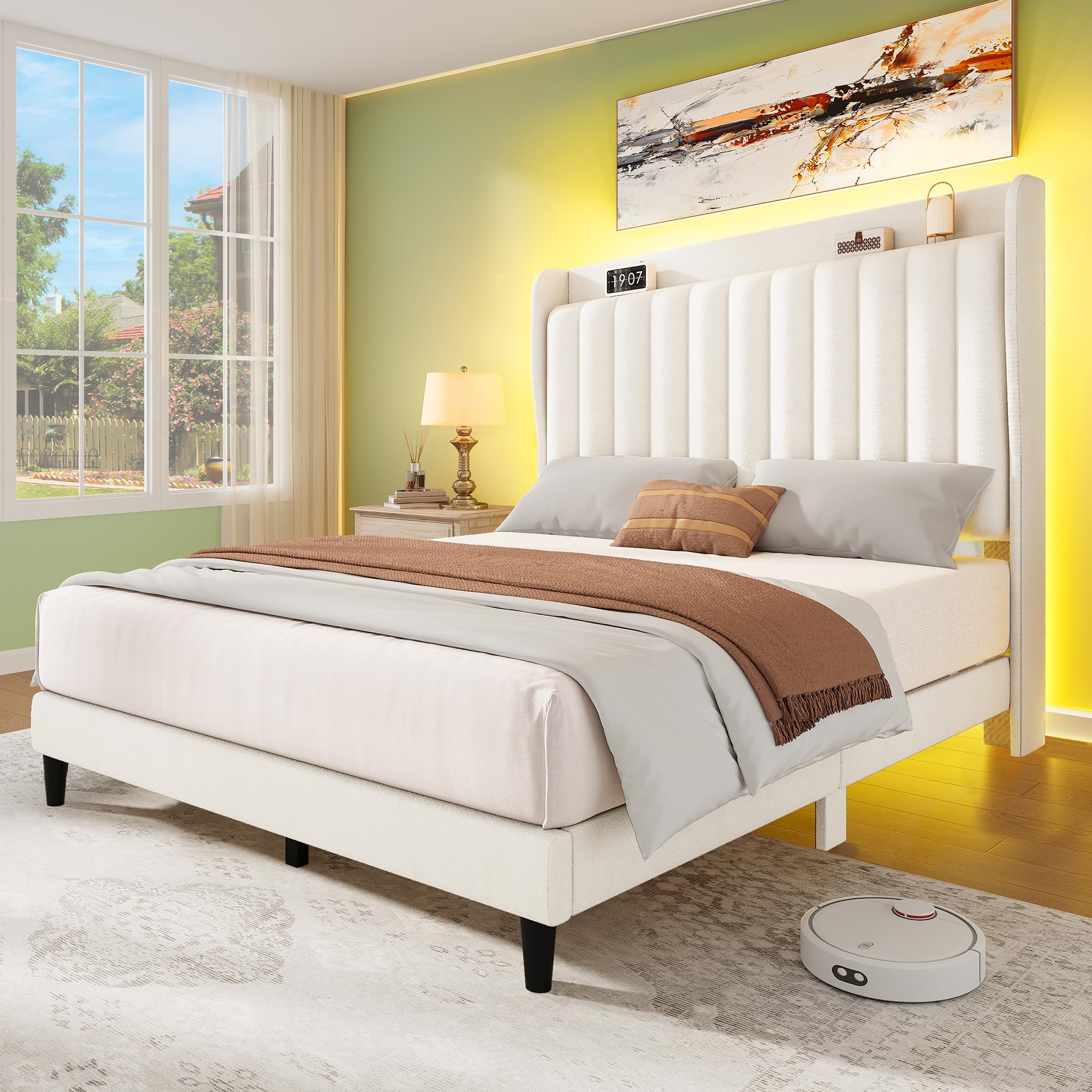 YITAHOME Full Bed Frame with Adjustable Vertical Channel Wingback Headboard, Upholstered Platform Bed with LED Lights, Solid Wood Slat Support, No Box Spring Needed,Beige