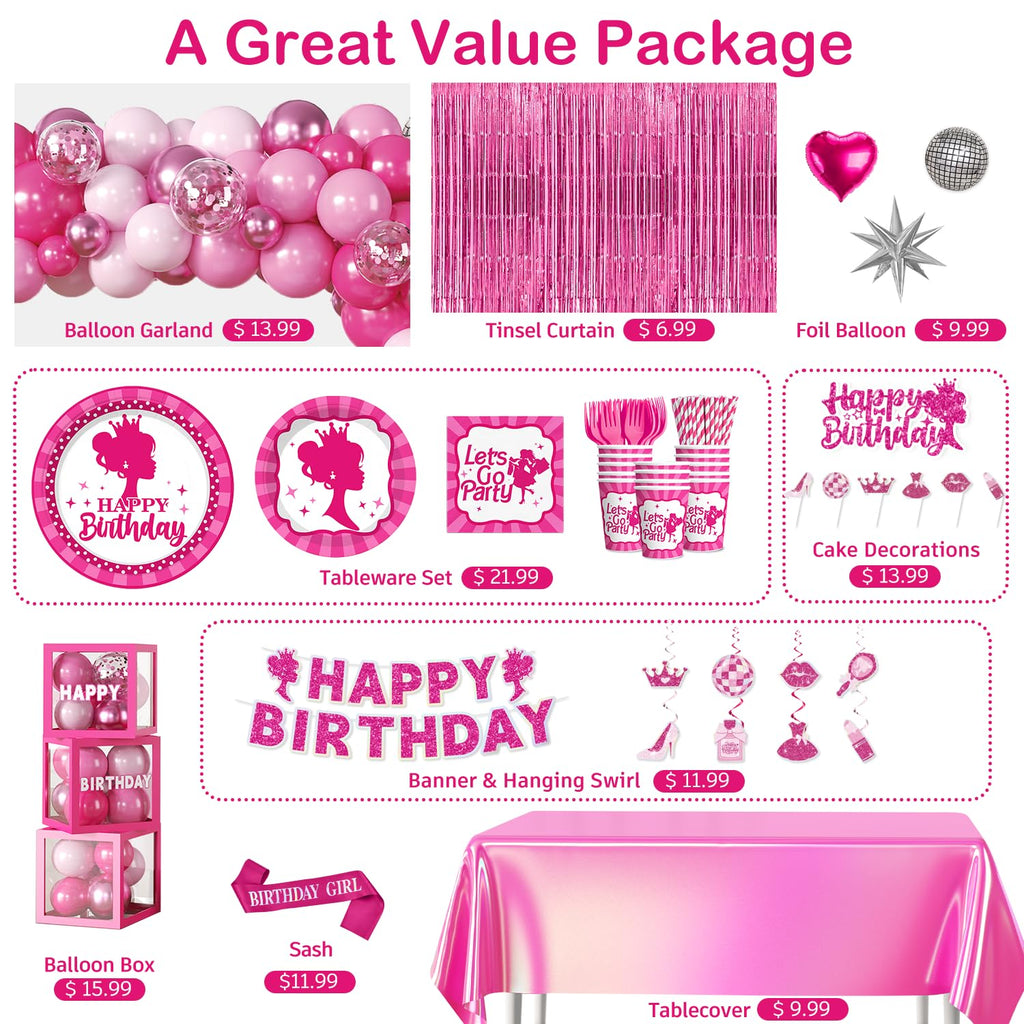 276PCS Hot Pink Birthday decorations Tableware Set Serve 20 Guests, Glitter Happy Birthday Banners, Hanging Swirls, Backdrops, Foil Balloons, Tableware Set, Photo Props for Girls