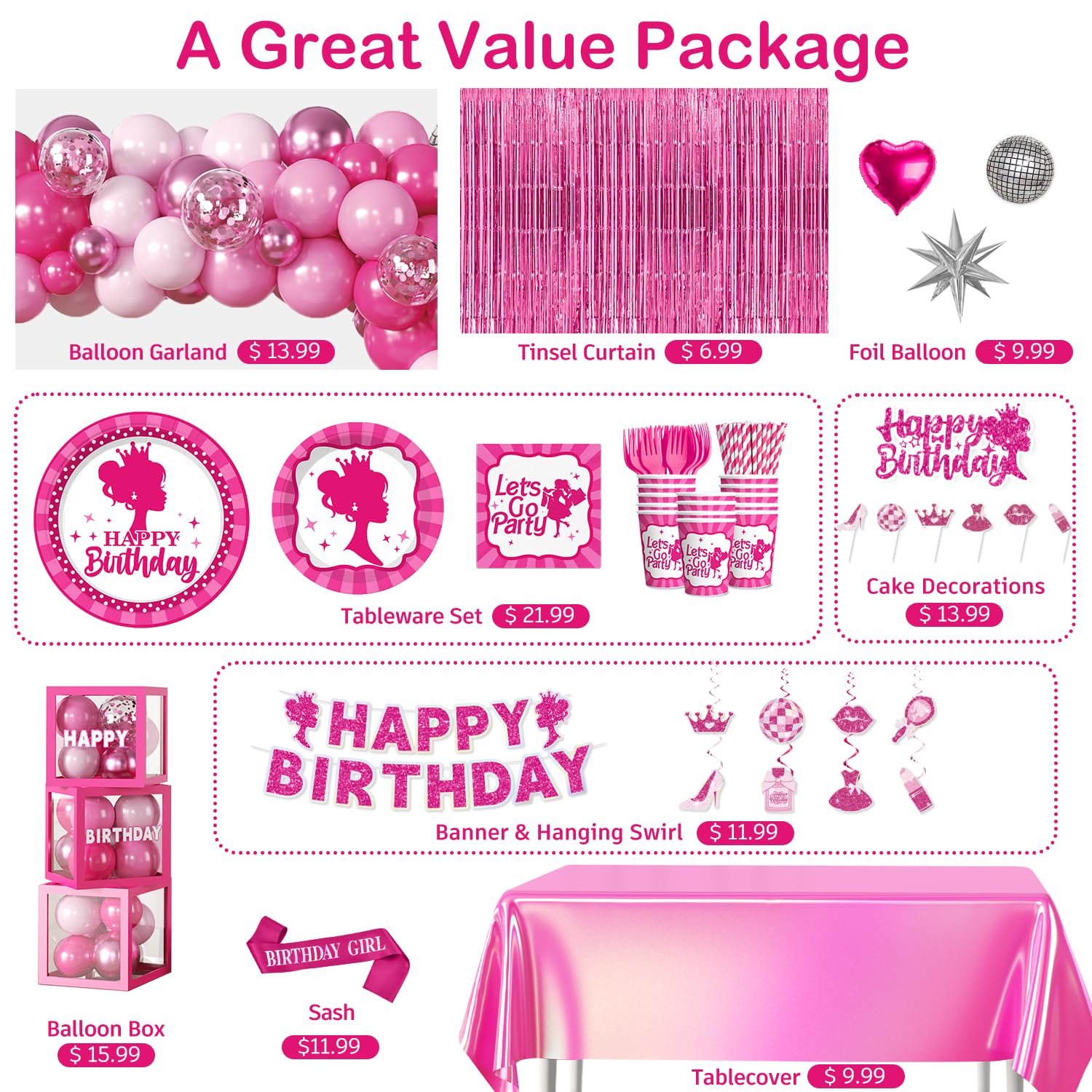 276PCS Hot Pink Birthday decorations Tableware Set Serve 20 Guests, Glitter Happy Birthday Banners, Hanging Swirls, Backdrops, Foil Balloons, Tableware Set, Photo Props for Girls