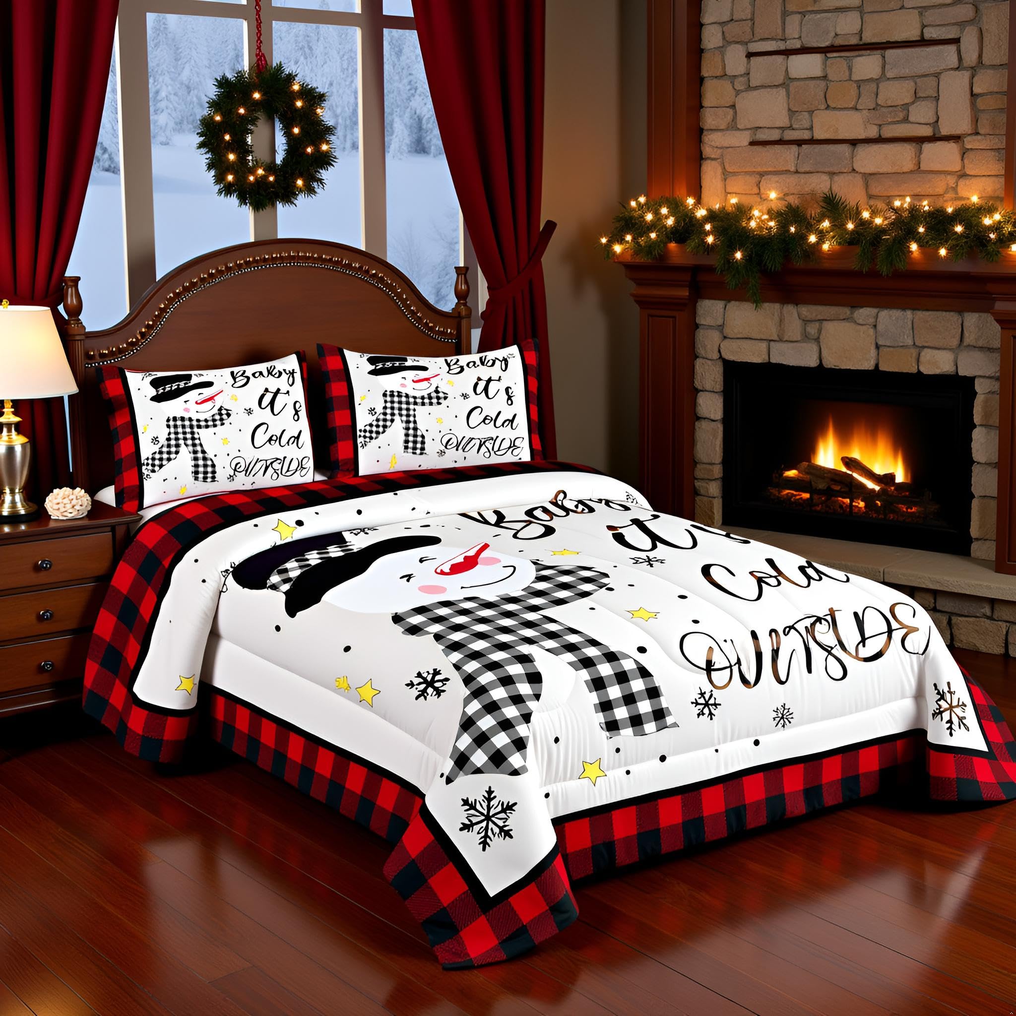 Kids Christmas Snowman Comforter Set Queen Size,Snowflake Winter Bedding Set,Girls Boys Adults Xmas Decor,Geometric Grids Lattices Patch Down Comforter,Red Rustic Vintage Duvet Insert,2 Pillowcases