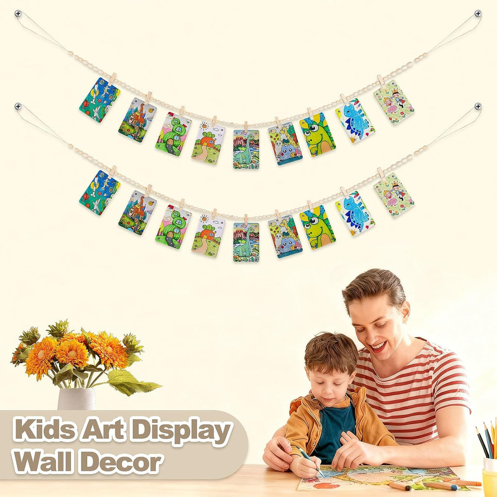 Skiennix 2 Pack Hanging Photo Display - Boho Wooden Bead Garland Wall Decor with 9 Clips for Home & Office