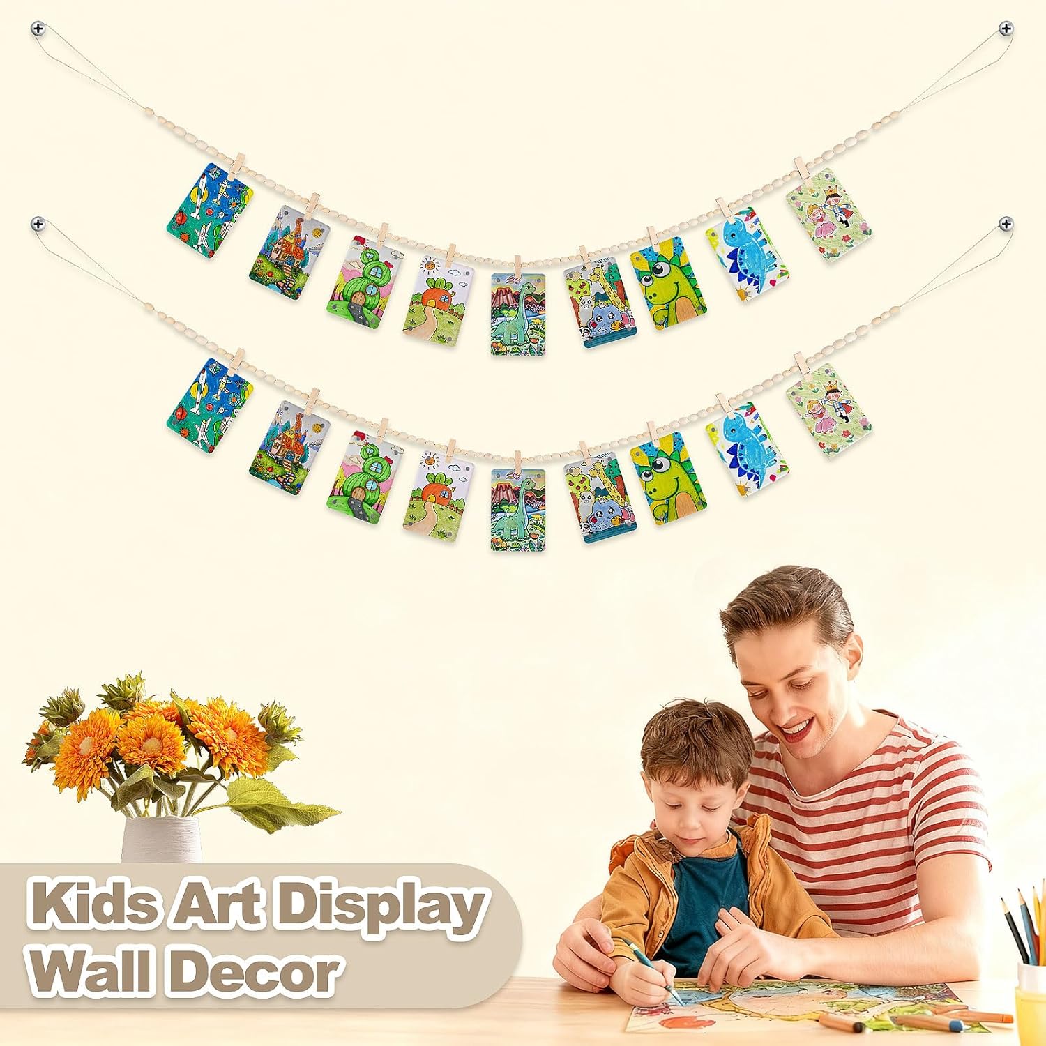 Skiennix 2 Pack Hanging Photo Display - Boho Wooden Bead Garland Wall Decor with 9 Clips for Home & Office