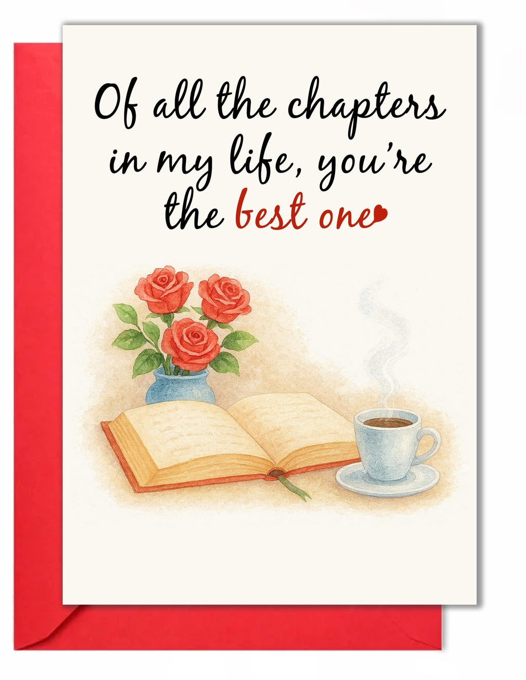 Anniversary Card – Romantic Greeting Card with Roses, Book & Coffee Design – 5x7 Inch Folded Card with Envelope & Sticker – Love Card for Husband, Wife, or Couple – Valentines Day or Wedding Anniversary