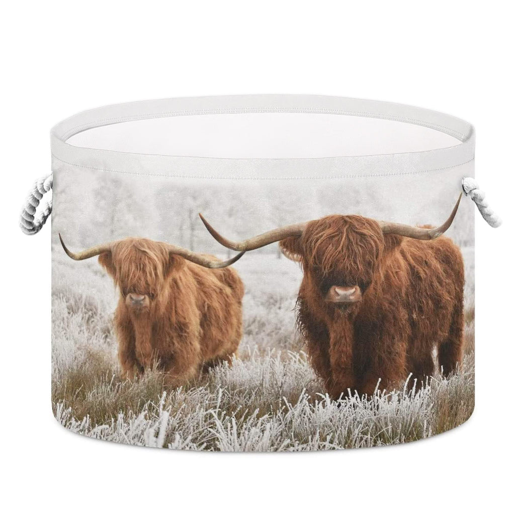 PAYOHTO Scottish Highland Cow Laundry Hamper Basket with Handles,Cotton Rope Woven Storage Bin for Clothes,Nursery Hamper,Toy Box,Clothe Socks Blanket Storage Organizer,Large Capacity 20Dx13.9H Inches