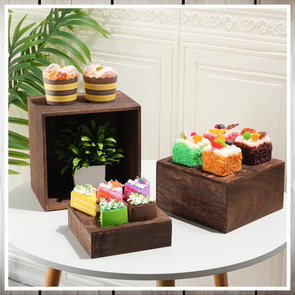 Barydat 6 Pcs Wood Display Risers Rustic Cupcake Stand Food Risers for Buffet Table Wooden Stackable Display Stand Box for Catering Dessert Collectibles Jewelry Figures Show(Burnt Wood Color)