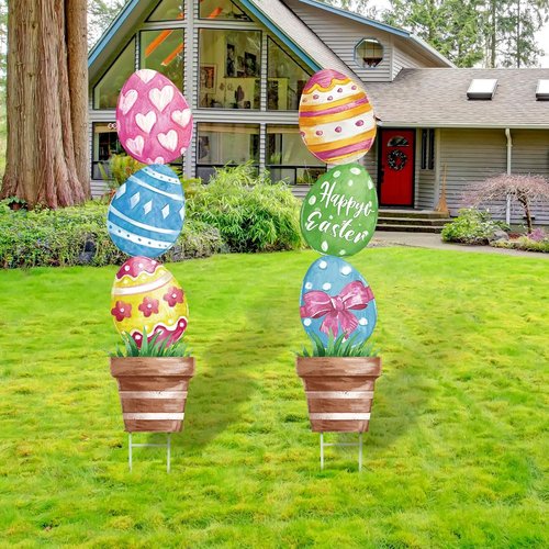 CroBlissful Large Metal Easter Eggs - Rustic Oil Painting Decor for Outdoor Yard Signs | 29 Inch