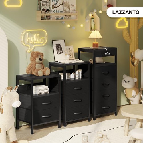 Lazzanto NightStand Bedside Charging Table Bedroom - Night Stand with Charger Station, Modern Nightstand with Open Shelf & 2 Fabric Drawers, Bed Side Table with USB-C Port for Dorm, Black