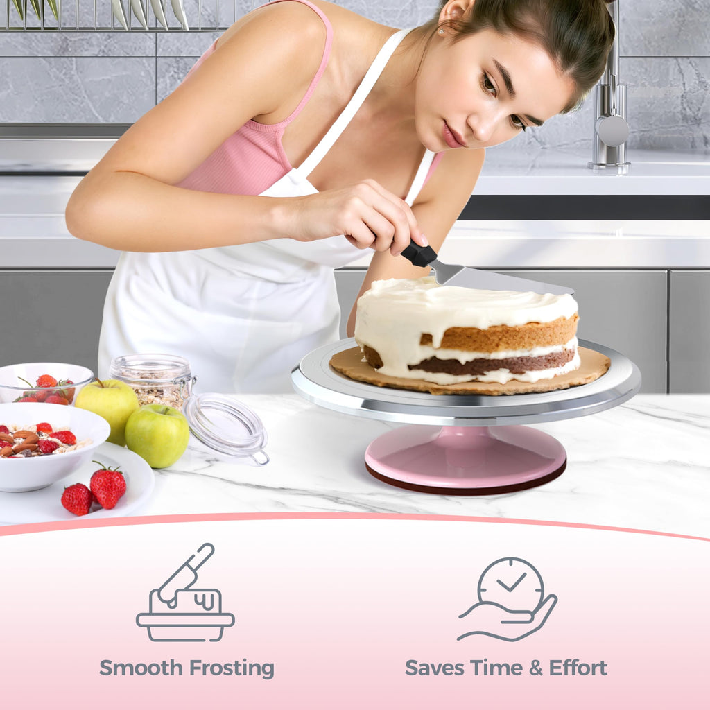 Ohuhu Cake Turntable, Aluminium 12'' Cake Decorating Kit Supplies Rotating Stand Revolving Spinner with 2 Icing Spatula 3 Comb Smoother Perfect Gifts