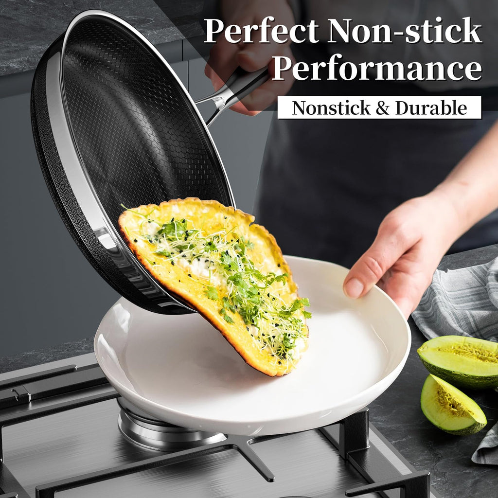 Innerwell Stainless Steel Frying Pans 11 Inch Titanium Ceramic Nonstick Frying Pans Hybrid Tri-Ply Nonstick Honeycomb Kitchen Cooking Pan Compatible with All Cooktops PFOA/PFAS/PTFE Free