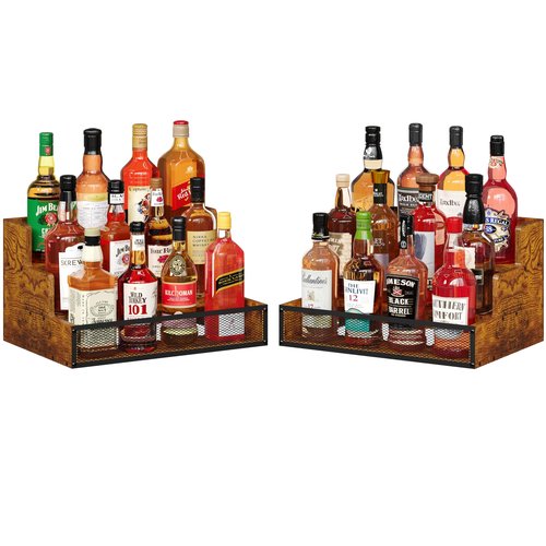 2 Pack 3 Step Countertop Liquor Bottle Display Shelf, Wood Bar Shelves 12 Bottles with Fences, Freestanding Storage Shelves for Liquor Whiskey Wine Coffee Syrup Display, Retro Wine Rack Home