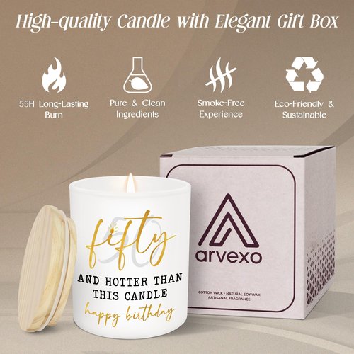 ARVEXO 50th Birthday Gifts for Her - Long Lasting Vanilla Lavender Candle 10 oz - Funny 1976 Birthday Gifts for Women Wife Mom Sister Friend, Gift for 50 Year Old Woman, Fifty Candles, 50th Birthdays