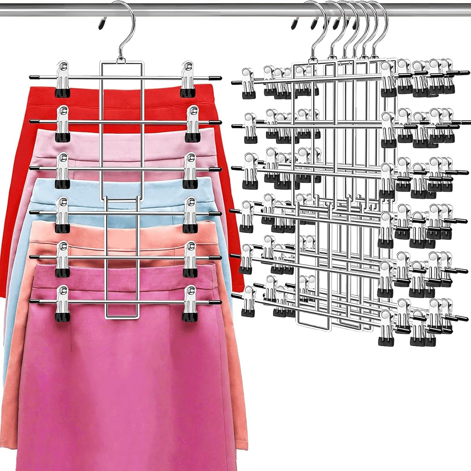 Skiennix Pants Hangers with Clips - Space-Saving 6-Tier Closet Organizer | 360° Swivel Hook - 6 Pack