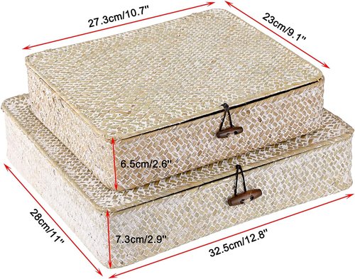 Hipiwe Wicker Storage Bins - Set of 2 Flat Seagrass Baskets with Lids | Natural Whitewash Home Organizers