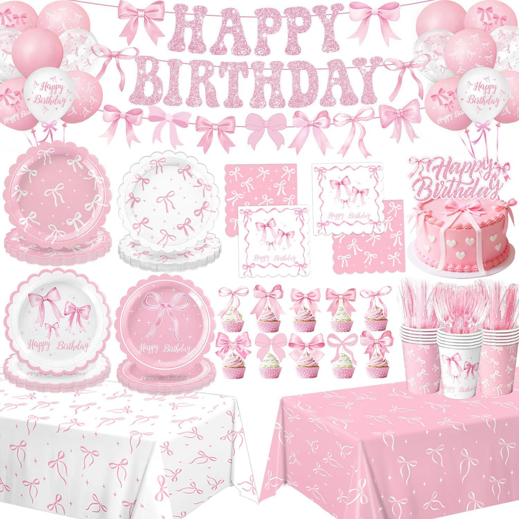 Pink Bow Birthday Decorations - Complete Party Set with Plates, Napkins, Cups & Balloons | Serves 20