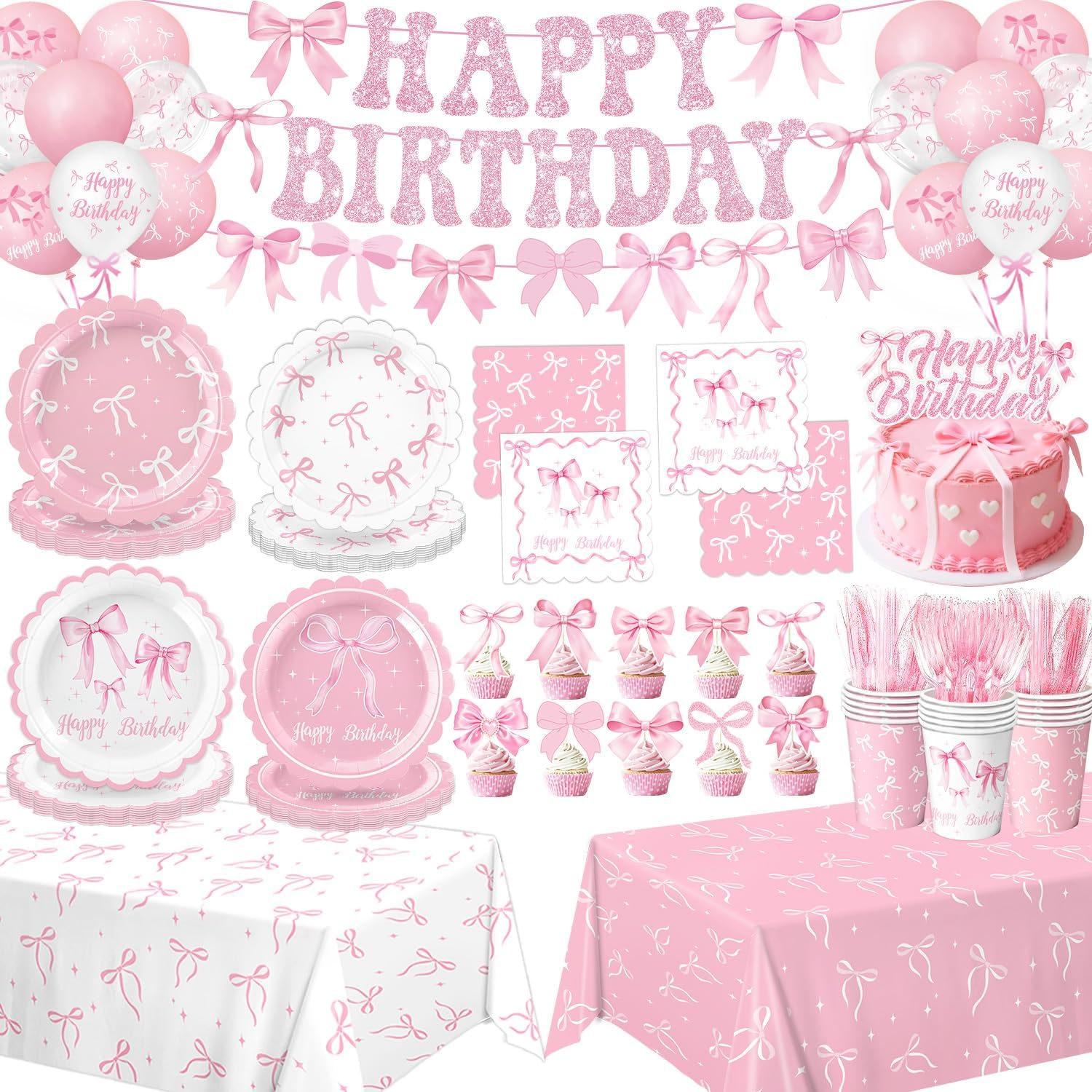 Pink Bow Birthday Decorations - Complete Party Set with Plates, Napkins, Cups & Balloons | Serves 20